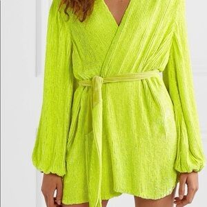 Retrofête (L) Gabriella Chartreuse Sequin Robe Wrap Dress- Velvet Tie Waist Mini